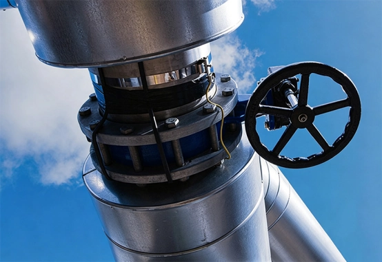 Industrial valve and piping viewed against a blue sky